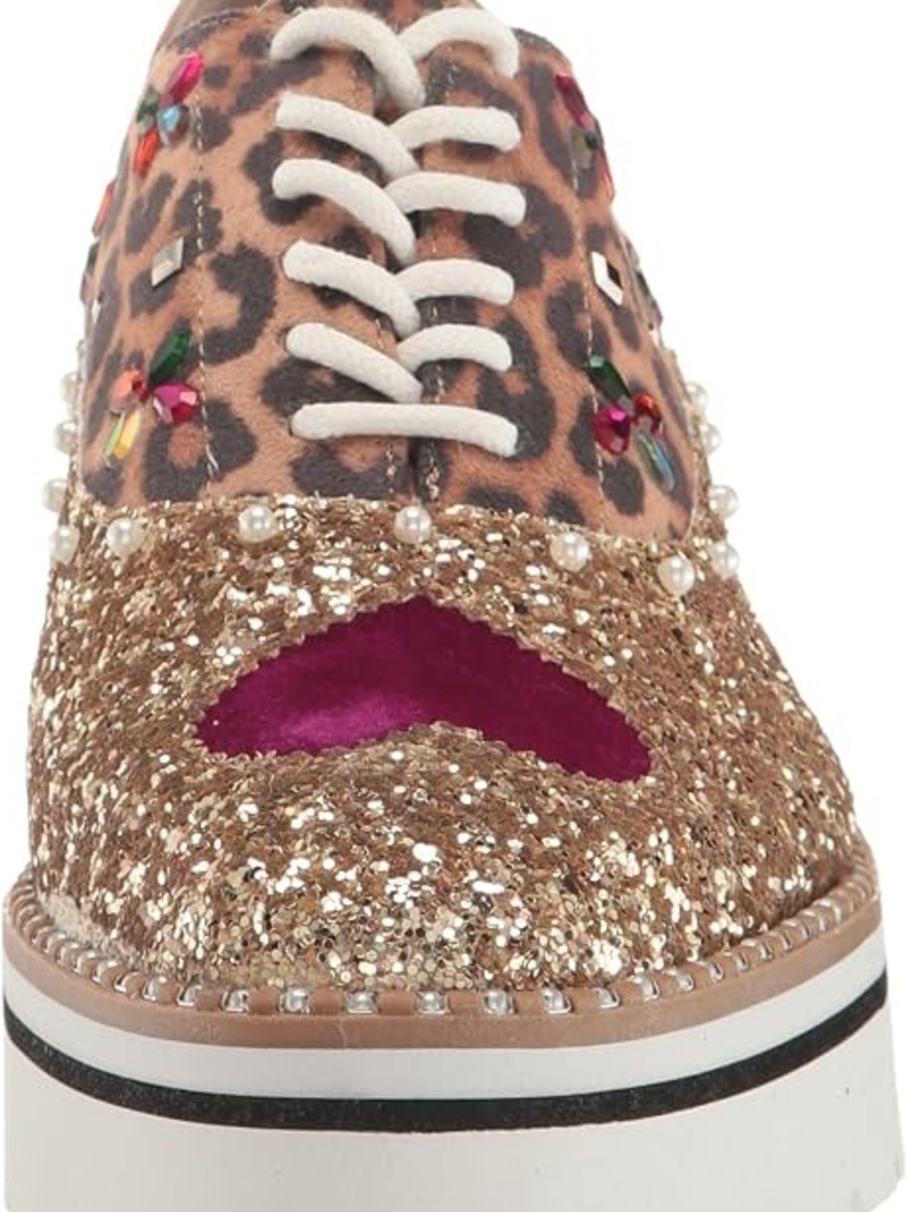 Betsey Johnson Gold Glitter Leopard Platform Sneaker with Multicolor Gem Flowers - Picture 4 of 16